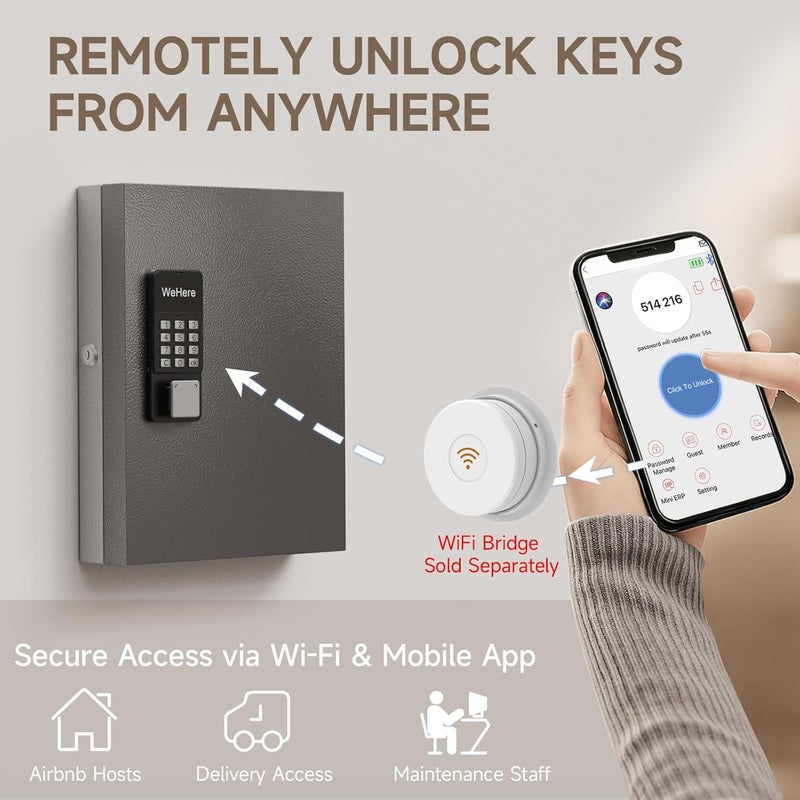 WeHere 32 Key Lock Box Wall Mount, Smart Key Cabinet with APP Bluetooth/Fixed/Dynamic Password/OTP Share Unlock, Security Lockbox ERP for Valets/Realtors/Office/Hotel Key Management - Image 4
